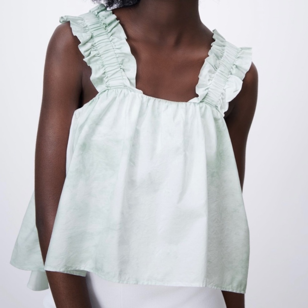 Zara Sage Green Tie Dye Pomplin Ruffle-Strap Square-Neck Cropped Camisole Size S